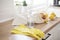 Textile Tote Bag Filled With Fresh Fruits On The Kitchen Counter, Near The Kitchen Sink, Ready To Be Washed. Detergent And