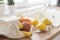 Textile Tote Bag Filled With Fresh Fruits On The Kitchen Counter, Near The Kitchen Sink, Ready To Be Washed. Eco Friendly Shopping