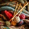 Textile yarn and knitting needles create art on a cozy woolen blanket