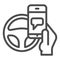 Texting while driving line icon. Smartphone threat and steering wheel symbol, outline style pictogram on white