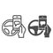 Texting while driving line and solid icon. Smartphone threat and steering wheel symbol, outline style pictogram on white