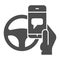 Texting while driving solid icon. Smartphone threat and steering wheel symbol, glyph style pictogram on white background