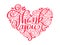 Texts Thank you in the shape of a heart hand written calligraphy lettering. handmade vector illustration. Fun brush ink