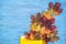 Textural background painted with blue paint with composition of colorful maple autumn leaves.. Top veiw, copy space