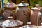 Texture, background. Pottery. pots, dishes, and other articles m