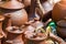 Texture, background. Pottery. pots, dishes, and other articles m
