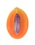 Texture of bright orange color fresh ripe Marian Plum fruit cut in half with purple seed on white background