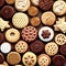 Texture of homemade biscuits, many delicious fresh sweet appetizing biscuits in close-up, great background