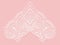 Texture lace fabric in shape of a triangle. White lace on pink background. Crocheted thin fabric made of yarn or thread. Ivory-