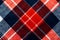 The texture of linen fabric in a large cage of blue, red, and white. Scottish tailoring material. Checkered fabric