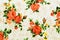 Texture, print and wale of fabric orange flowers pattern