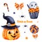 Texture with pumpkin and black hat, candy,muffin,skull and bow
