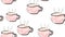 Texture seamless pattern of pink cups of mugs with a handle of hot delicious invigorating black coffee painted with