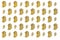 Texture of sign crypto currency of bitcoin on gold background. Symbol BTC.