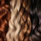 Texture of strands of curly hair of different colors and shades, red, blond, chestnut, brown, close-up macro,