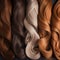 Texture of strands of curly hair of different colors and shades, red, blond, chestnut, close-up macro,