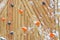 The texture of the winter climbing wall. Slippery climbing wall. Simulator for climbers and entertainment. Wooden town. Winter lan