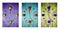 Textured abstract clock face showing 5 on wooden background,clocks icons, triptych in purple,green and blue