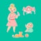 Textured bright isolated vector set illustration sticker. Young mother in dress gives bottle to drink a happy little baby. Ginger