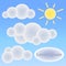 Textured clouds and sun on blue background. Sunny sky illustration