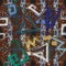 Textured graffiti seamless pattern. Colorful squares background. Repeat vector mosaic backdrop. Hand drawn grunge greek symbols,