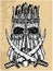 Textured illustration of scary skull of king in crown and mask with two swords