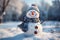 Textured snowy landscape hosts a whimsical snowman with a funny face