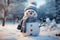 Textured snowy landscape hosts a whimsical snowman with a funny face