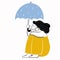Th girl is sitting under the umbrella in rainy day