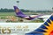 Thai Airways Airbus A340-600 quad-jet taxiing at Changi Airport