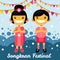 Thai boy and girl in Songkran festival. Thailand, Asian children, cartoon characters in traditional costume. Vector