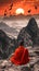 Thai buddhist monk meditating on a mountain at sunrise. Spiritual contemplation with breathtaking landscape. Concept of