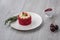 Thai Cake. Velvet red cake. Cookies decorated with red cake on wooden table and flower. strawberries moring. Cherry in the cup.
