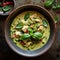 Thai cuisine. Bowl of tasty green curry on dark table. Vegetables, spices, rice, tofu.