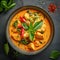 Thai cuisine. Bowl of tasty red curry on dark table. Vegetables, spices, rice, tofu.