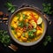 Thai cuisine. Bowl of tasty yellow curry on dark table. Vegetables, spices, rice, tofu.