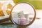 Thai currency banknote zoomed by magnifying glass on blurred the