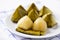 Thai dessert Khanom Tian, sweet stuffed dough pyramid