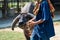 Thai farmer pulling buffalo to work by rope