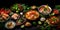 Thai food background. Dishes of thai cuisine. Tom yum, tom kha gai, pad thai noodles, fried rice with pork and vegetables khao