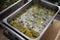 Thai food, Chicken Green Curry in buffet line. The container is a rectangular stainless steel tray.