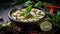 Thai food chicken green curry on dark wooden background.