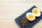 Thai food, chili paste with boiled egg on black rectangle plate,