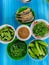 Thai food, chili paste, shrimp paste, fresh vegetables and green boiled vegetables with herbs fried mackerel