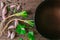 Thai food herb ingredient garlic and coriander on wood