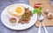 Thai Food Jusmine Rice topped with egg and stir-fried beef and basil, famous street food in Thailand, fast food,