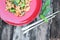 Thai food menu, fried chicken, chili, herbs, lemongrass, kaffir lime leaves in a vintage wooden background plate