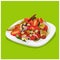 Thai food vector illustration, fish roe salad with vegetables, tomato, plate on green background.