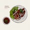 Thai Foods.Grilled Pork with Thai Spicy Sauce. hand draw sketch vector