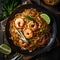 Thai Fried Noodles Pad Thai with Shrimps and Vegetables.